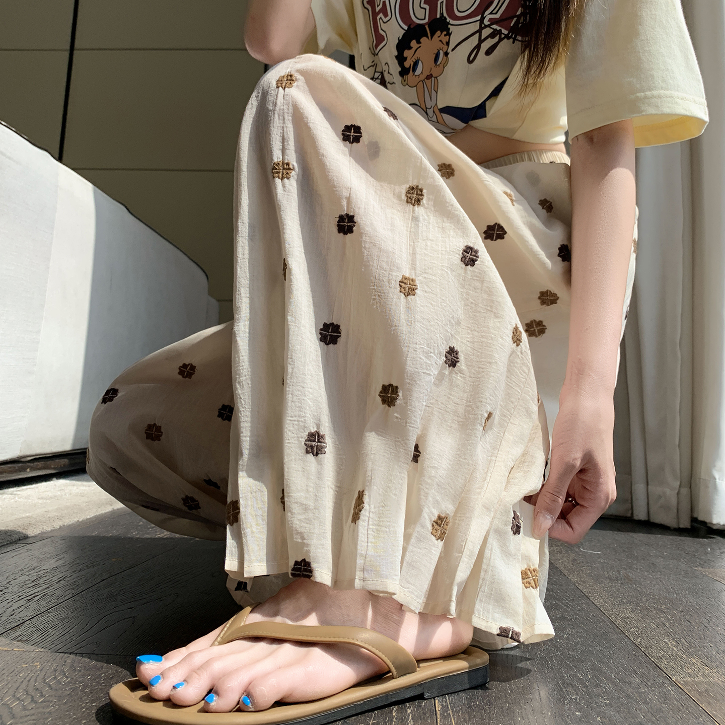 韓系刺繡花苞棉麻闊腿褲女夏季薄款束腳山本燈籠褲九分休閑哈倫褲