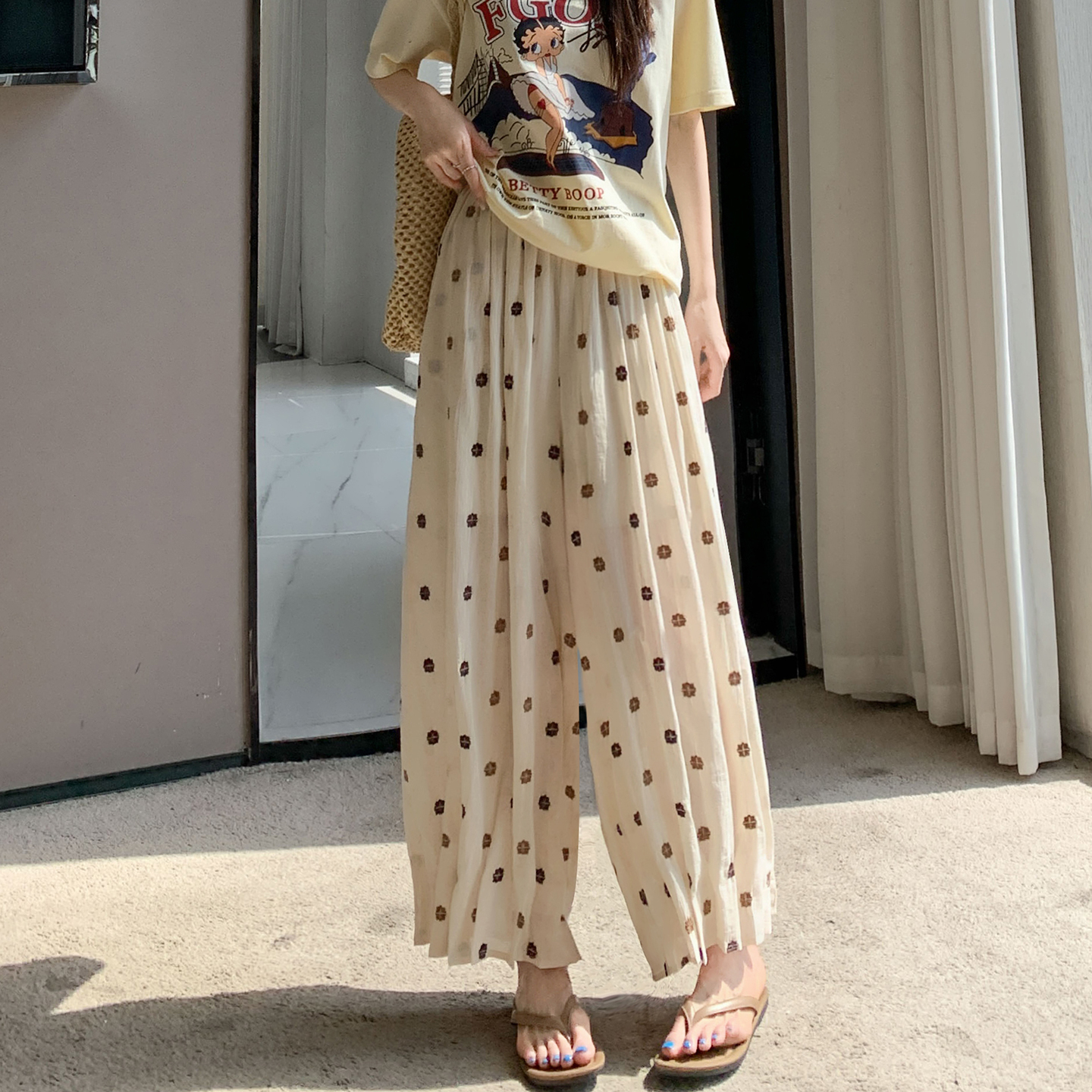 韓系刺繡花苞棉麻闊腿褲女夏季薄款束腳山本燈籠褲九分休閑哈倫褲