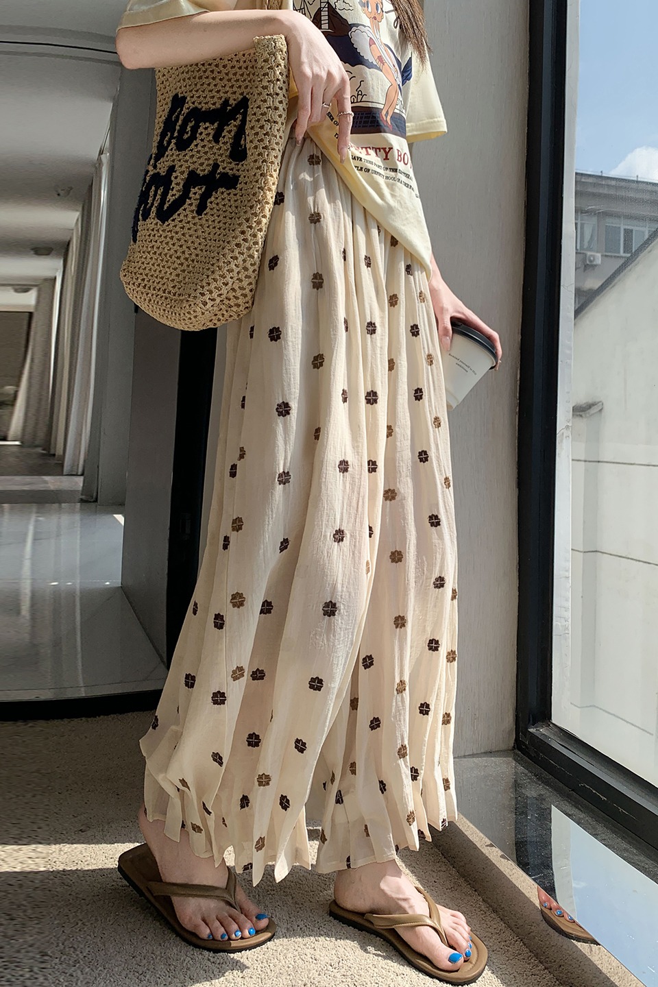 韓系刺繡花苞棉麻闊腿褲女夏季薄款束腳山本燈籠褲九分休閑哈倫褲
