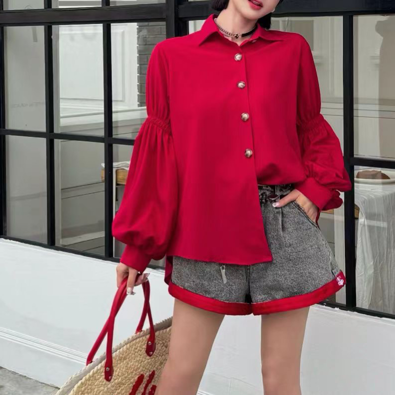 MY14302# 港风复古灯笼袖衬衫新款长袖衬衣法式别致洋气上衣女裝貨源服...