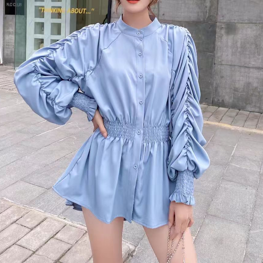 MY14301# 新款立领灯笼袖宽松不规则束腰荷叶边衬衫洋气长袖上衣女裝貨...