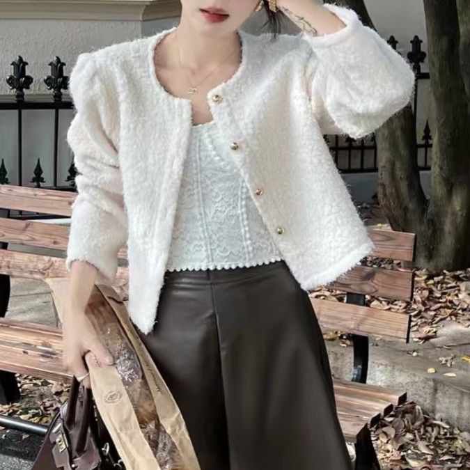 MY14300# 韩国东大门秋新款女装圆领净版简约毛毛修身短款外套女裝貨源服裝批發