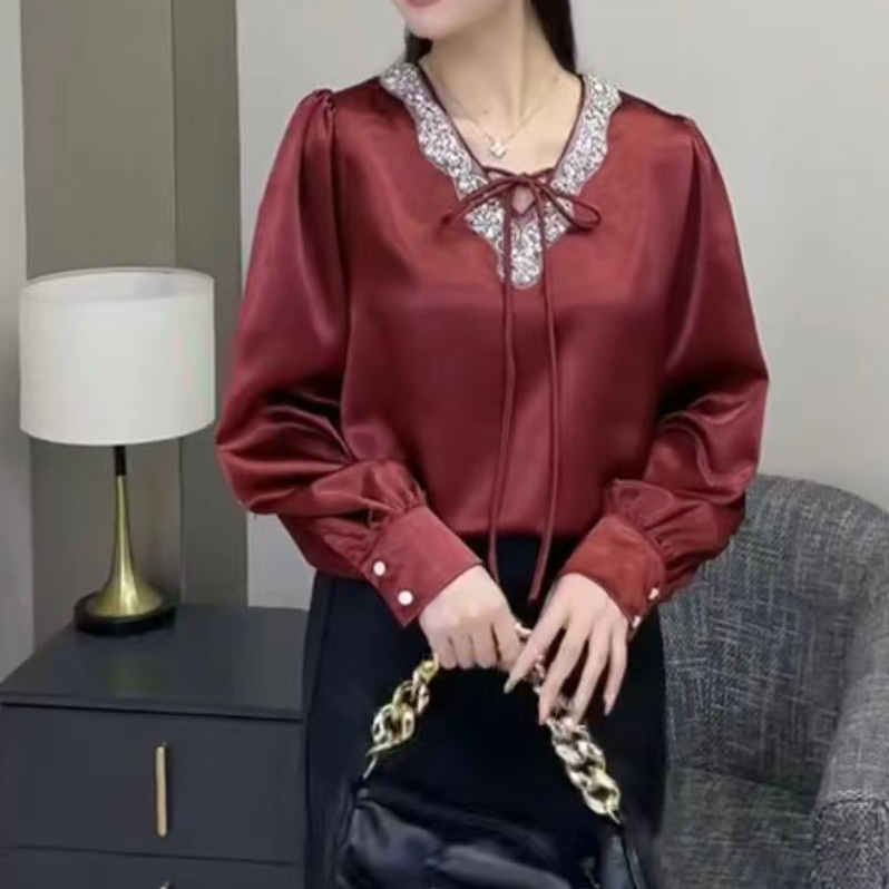 MY14298# 法式复古V领钉珠长袖衬衫新款高级感气质显瘦上衣女裝貨源服裝批發