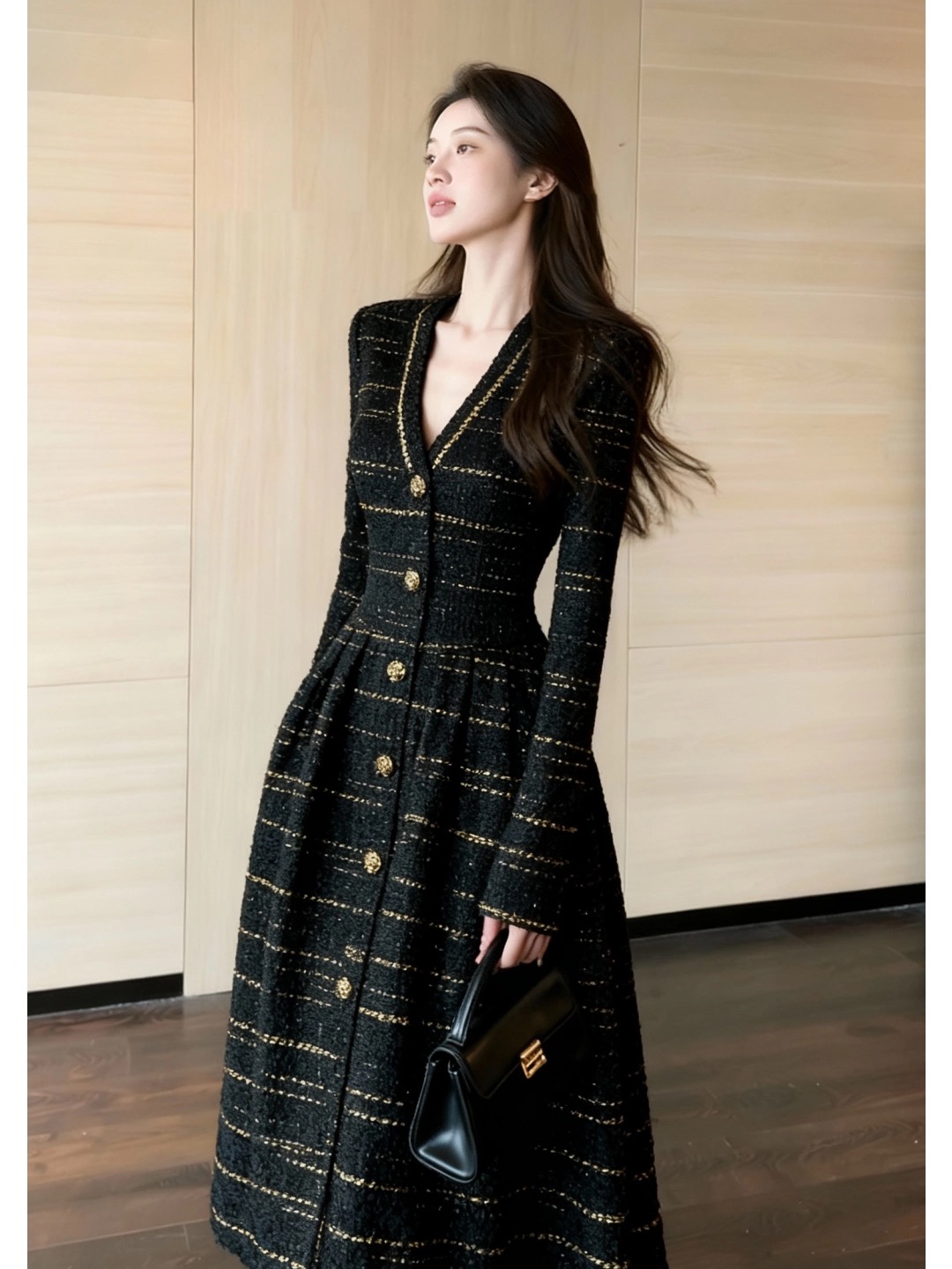 MY15402# 巨好看富家千金miu系黑色小香风气质v领连衣裙女裝貨源服裝批發