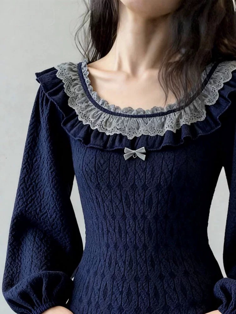 MY15403# 藏蓝色花边毛衣新款韩系穿搭超好看大码独特漂亮上衣女裝貨源...