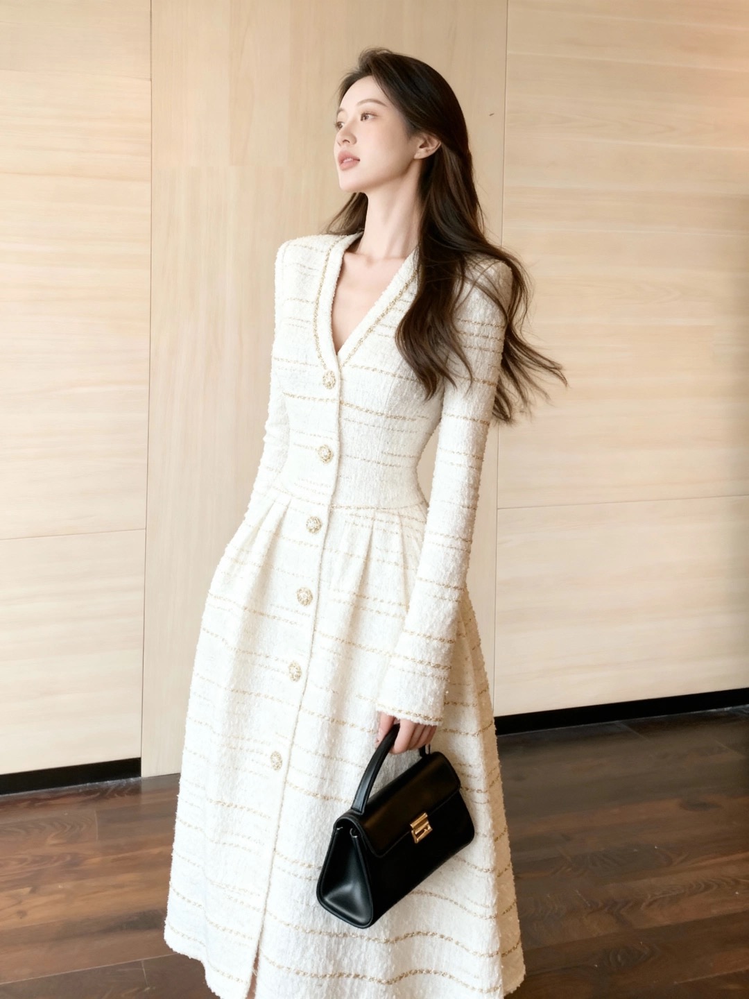 MY15399# 秋季巨好看富家千金miu系白色小香风气质v领连衣裙女女裝貨源服裝批發