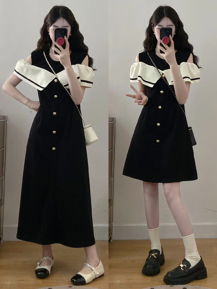 MY11176# 大码女装胖mm新款洋气露肩a字排扣拼色连衣裙女裝貨源服裝批發