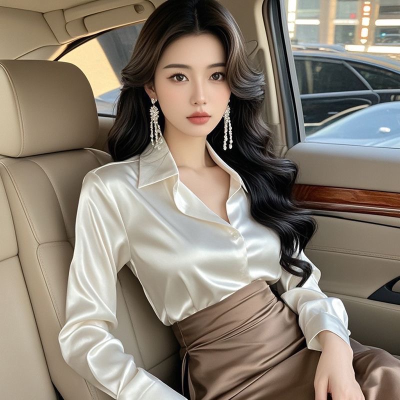 MY15392# 新款高级感职业正装缎面白衬衫女长袖教资商务职场衬衣女裝貨...