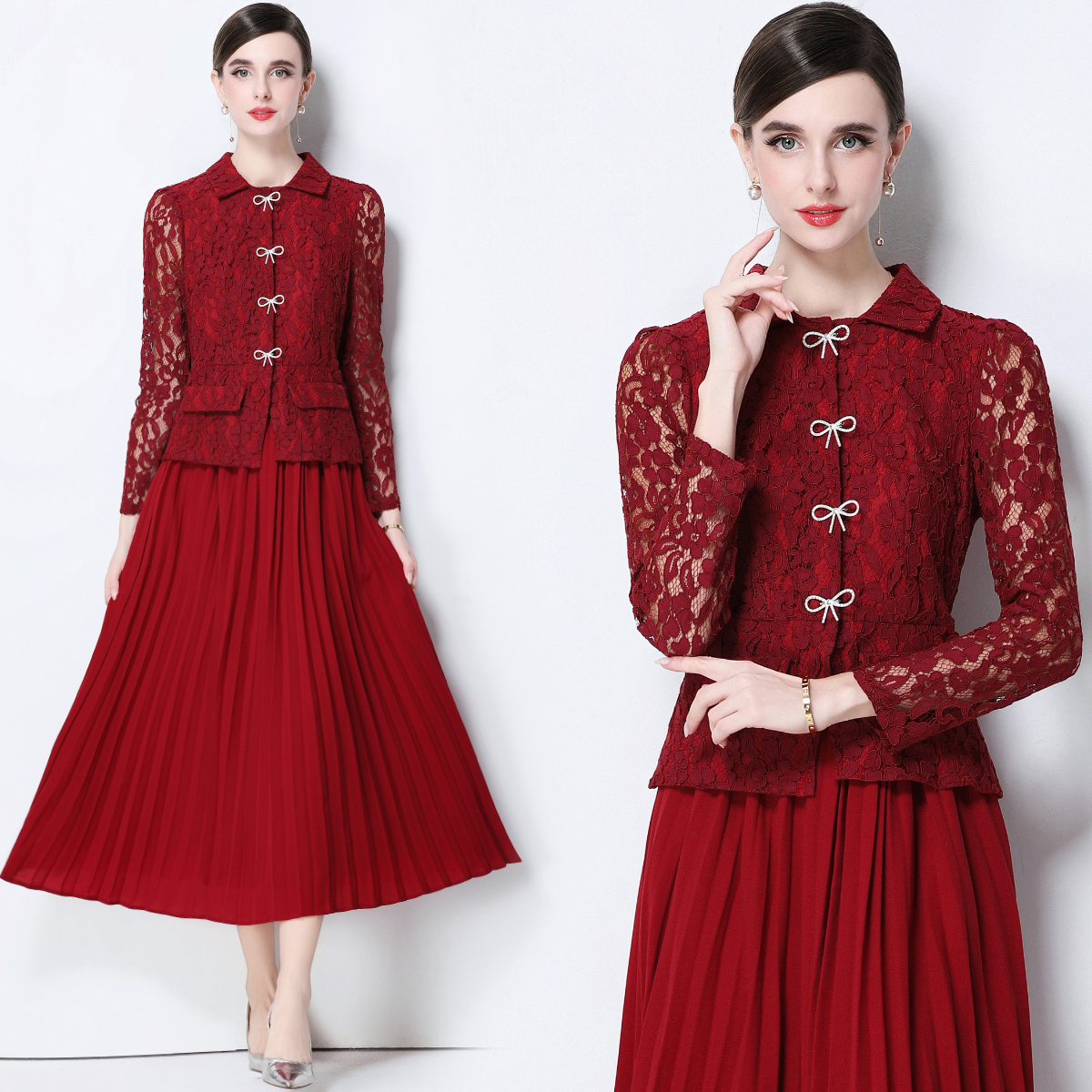 MY15153# 复古名媛御姐风蕾丝假两件连衣裙女收腰气质百褶中长裙送腰带...