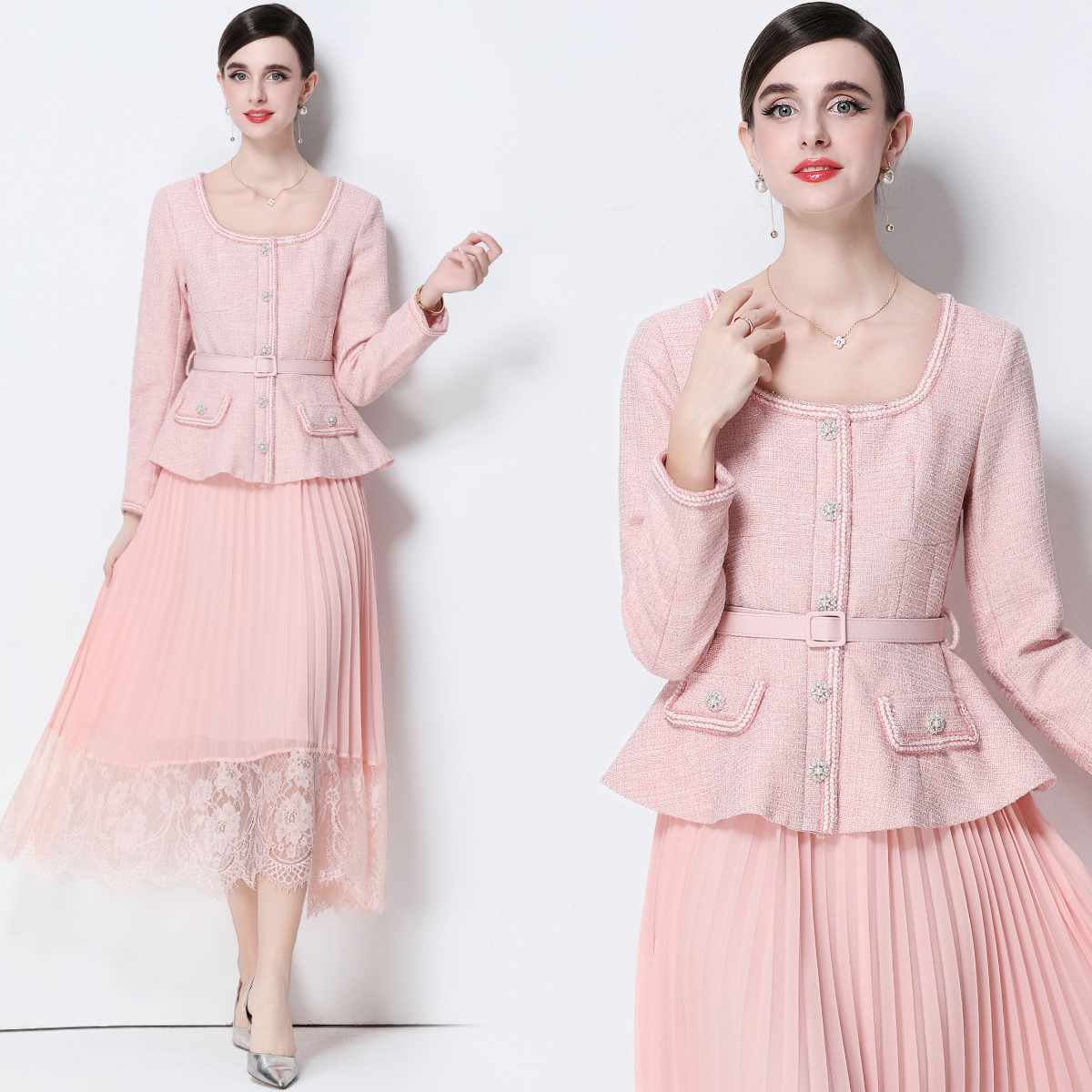 MY15152# 优雅气质收腰小香风连衣裙女假两件百褶长裙送腰带女裝貨源服...