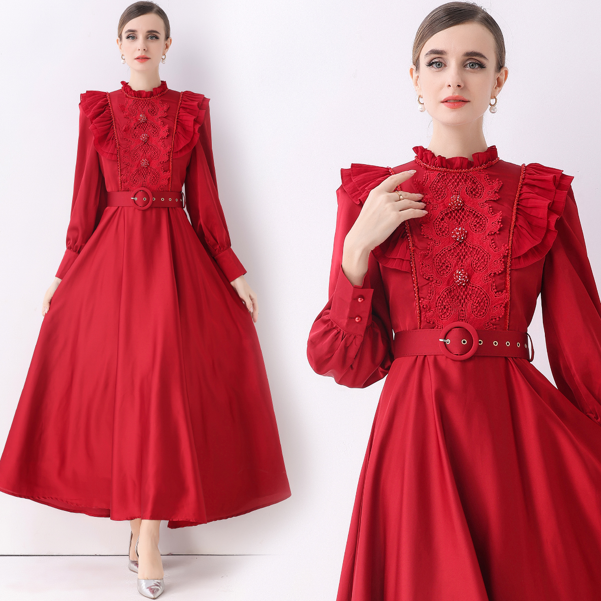 MY15150# 新款复古气质优雅立领荷叶边长袖收腰长款连衣裙长裙送腰带女...