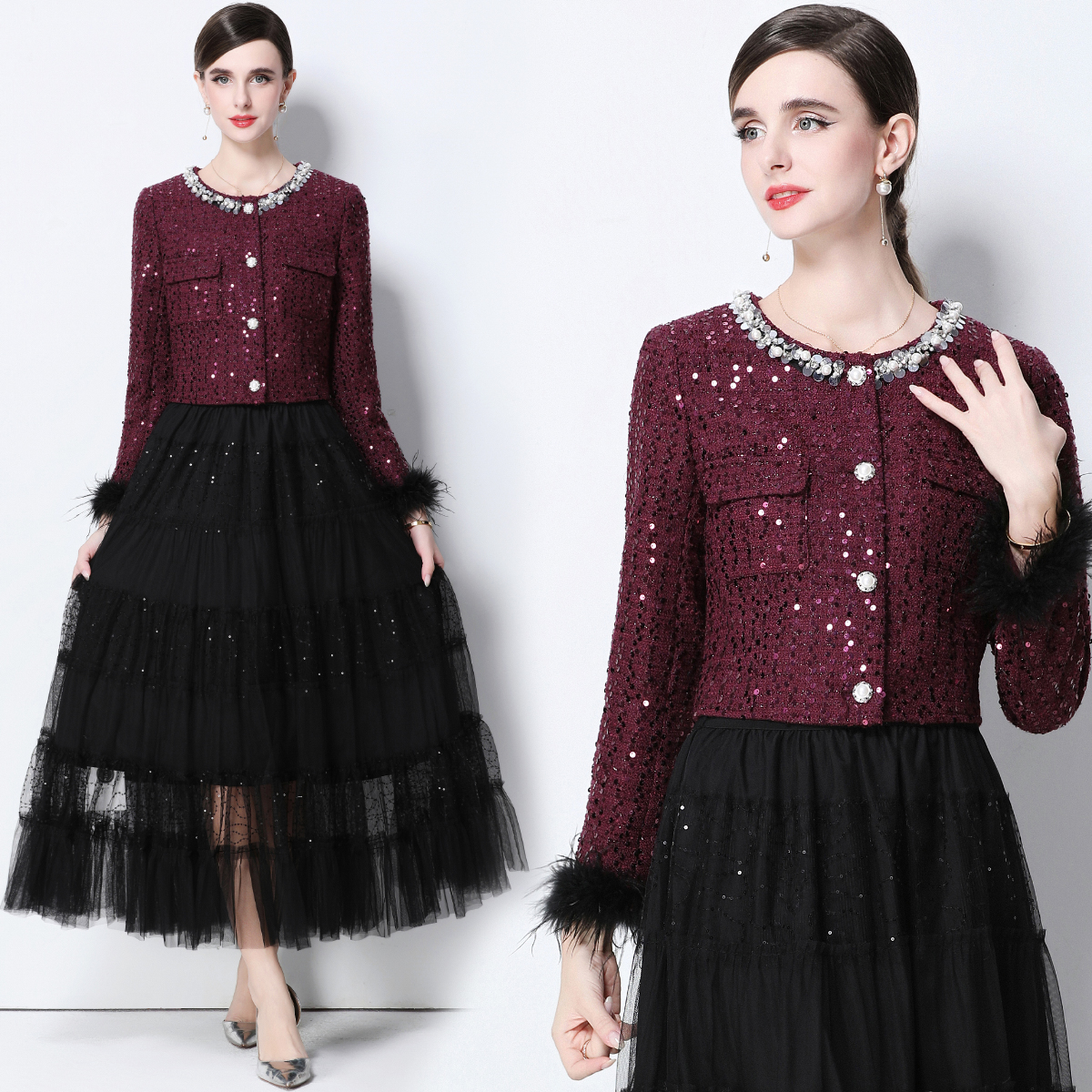 MY15149# 优雅气质收腰镶钻小香风外套纱裙两件套半身长裙套装女裝貨源...