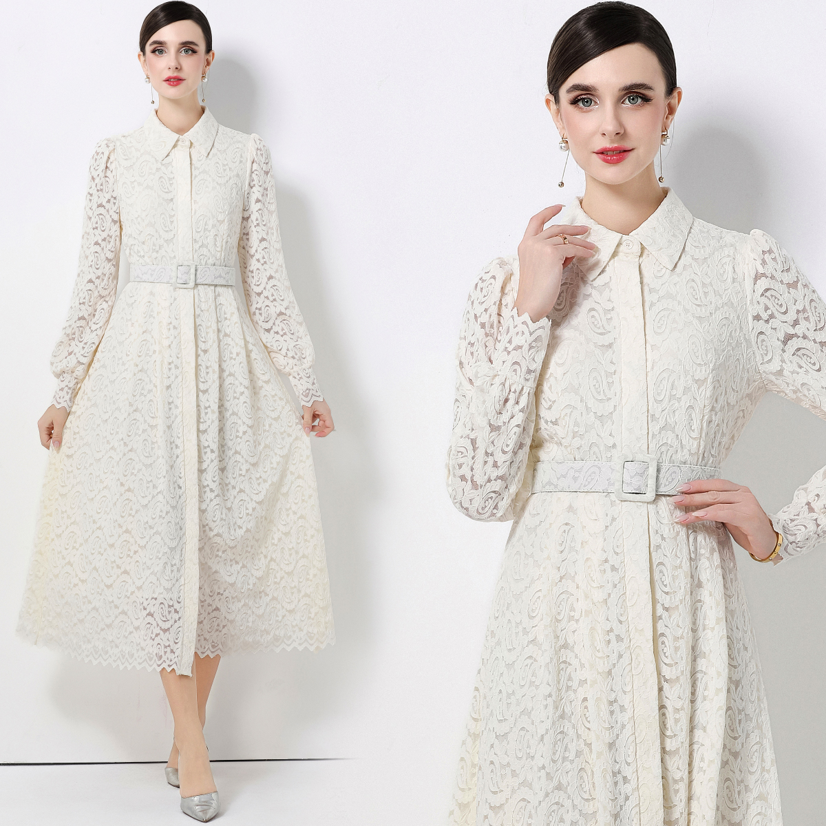 MY15146# 新款气质优雅POLO领镂空蕾丝连衣裙女收腰显瘦中长裙送腰...