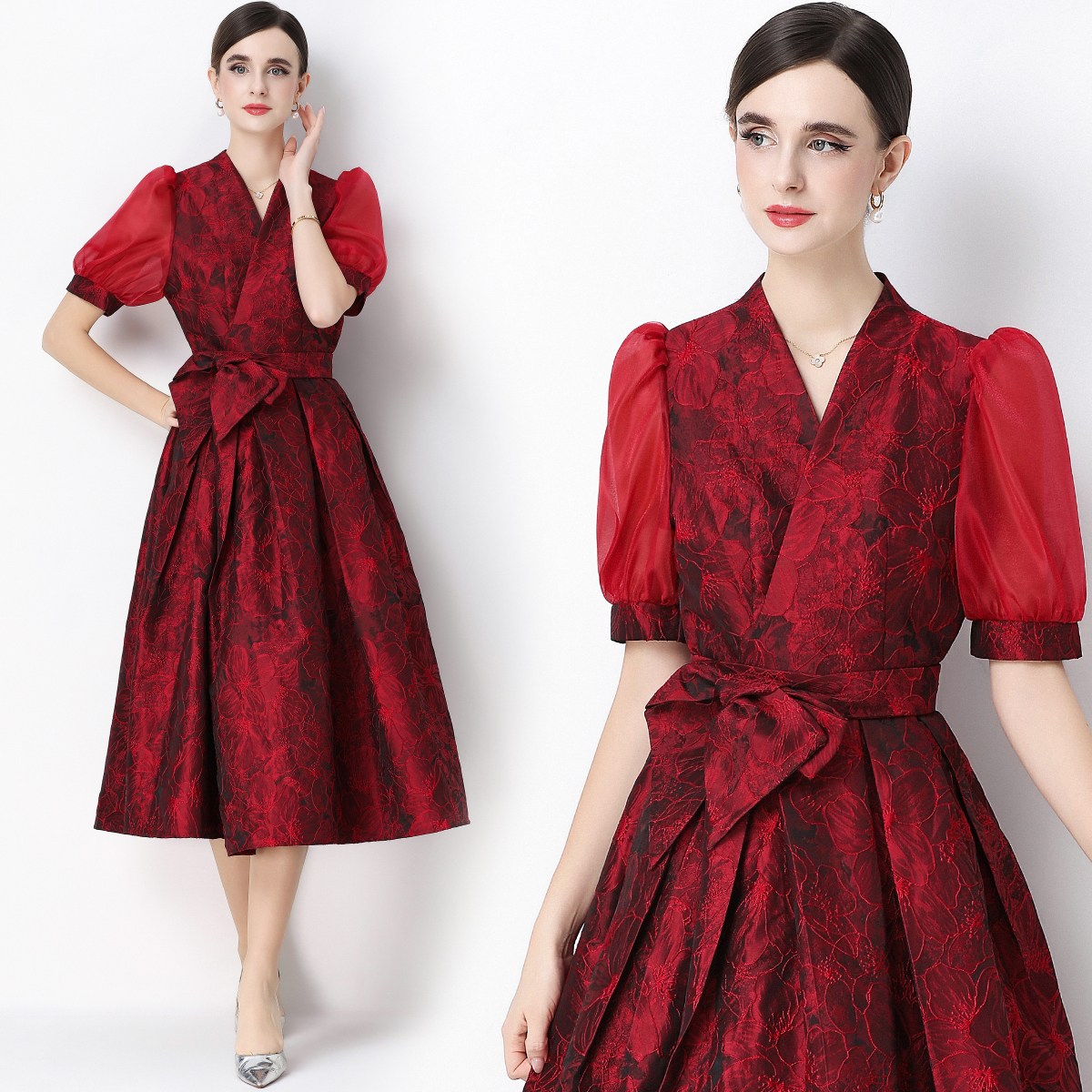 MY16752# 轻奢高级感提花圆领无袖连衣裙女排扣收腰显瘦中长裙女裝貨源...