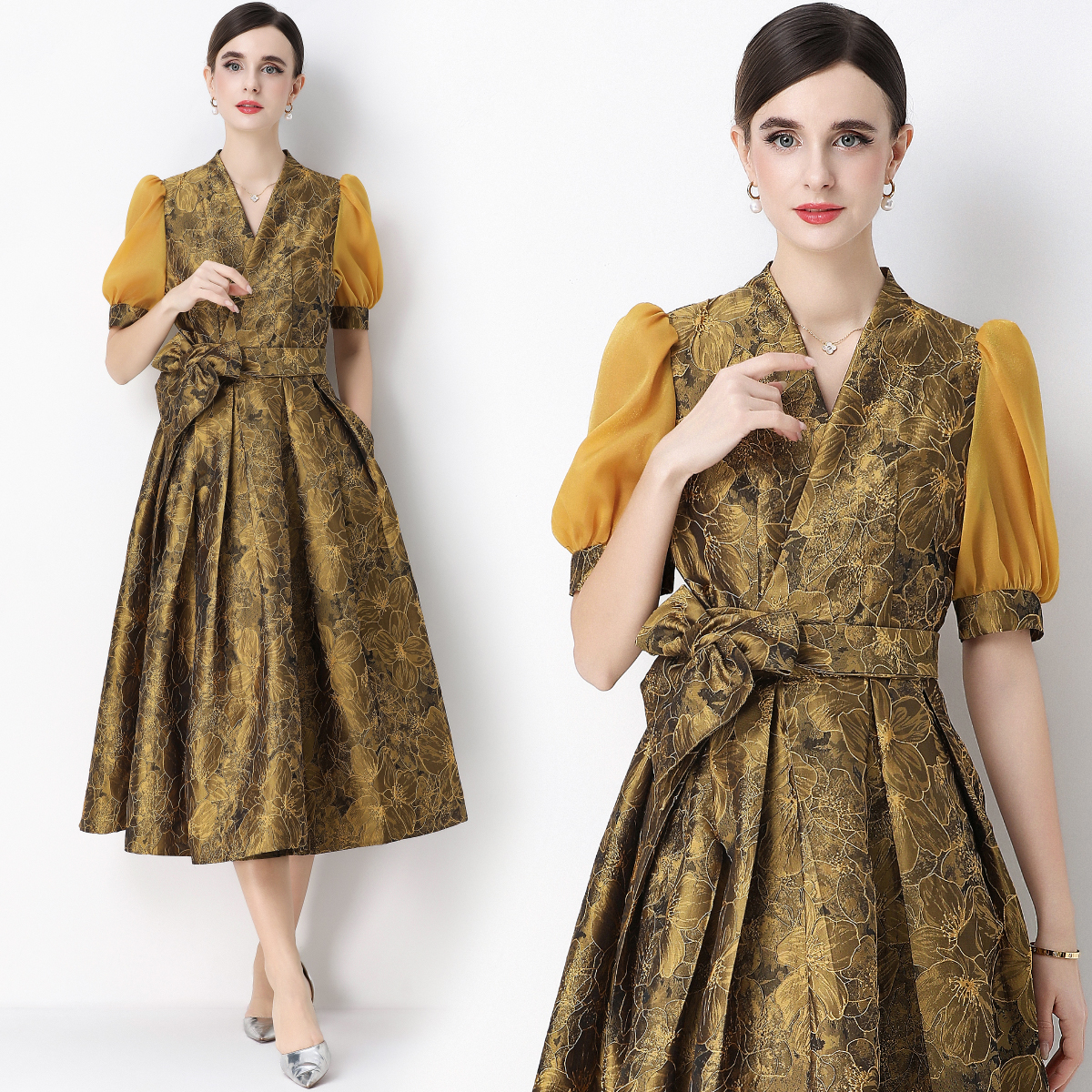 MY16753# 轻奢高级感提花圆领无袖连衣裙女排扣收腰显瘦中长裙女裝貨源...