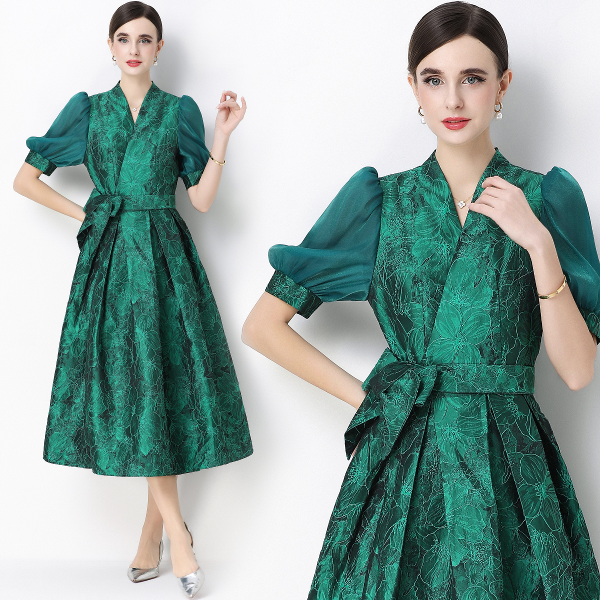 MY16751# 轻奢高级感提花圆领无袖连衣裙女排扣收腰显瘦中长裙女裝貨源...