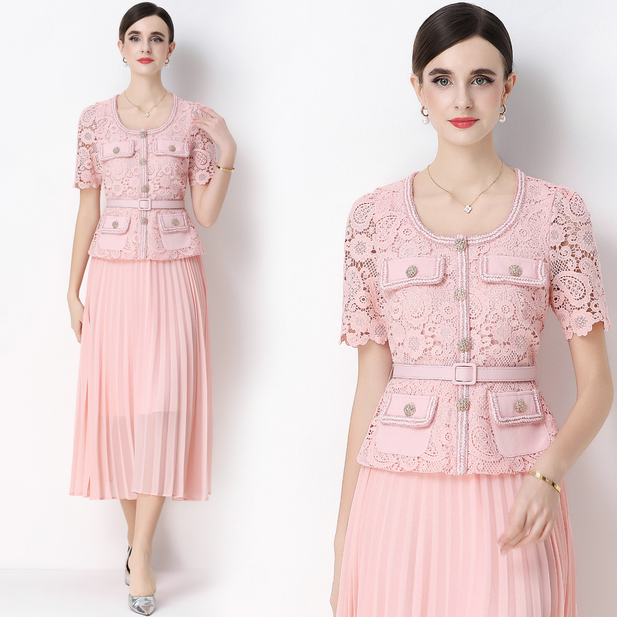 MY16750# 法式名媛轻奢修身显瘦蕾丝拼接假两件中长百褶连衣裙女裝貨源...