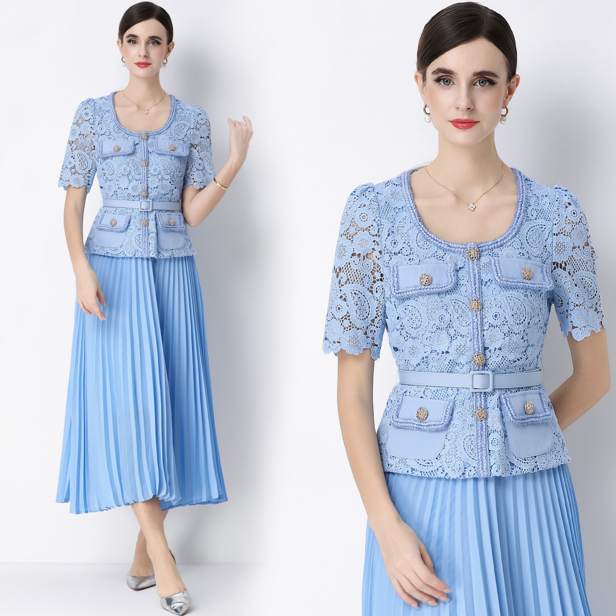 RY1761# 实拍法式名媛轻奢修身显瘦蕾丝拼接假两件中长百褶连衣裙