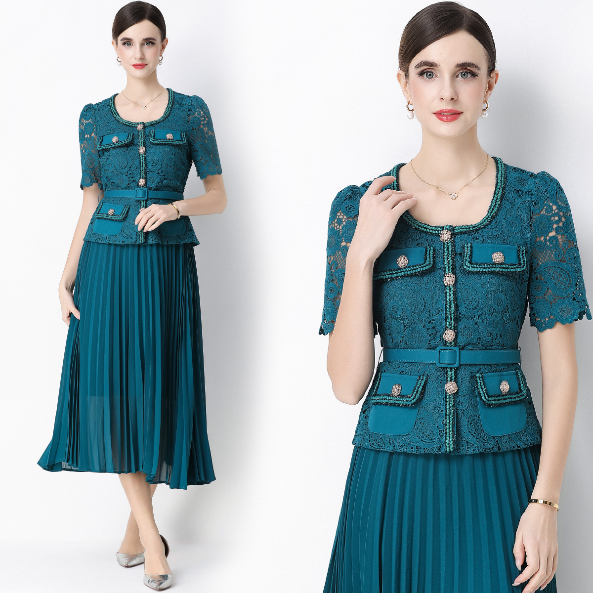 MY16749# 法式名媛轻奢修身显瘦蕾丝拼接假两件中长百褶连衣裙女裝貨源...