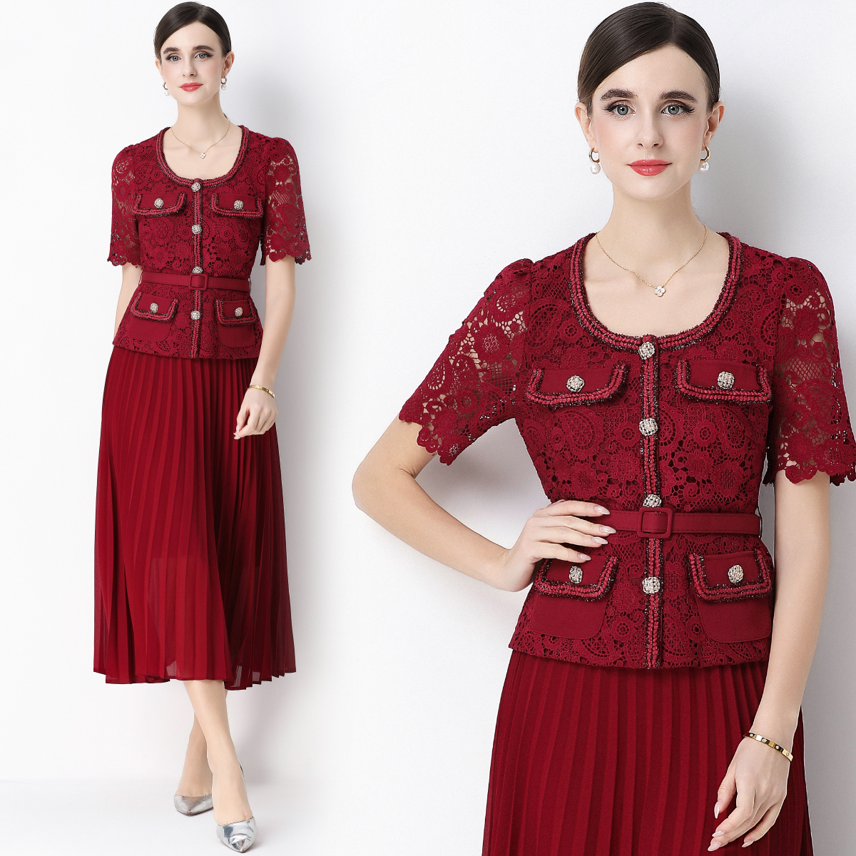 MY16748# 法式名媛轻奢修身显瘦蕾丝拼接假两件中长百褶连衣裙女裝貨源...