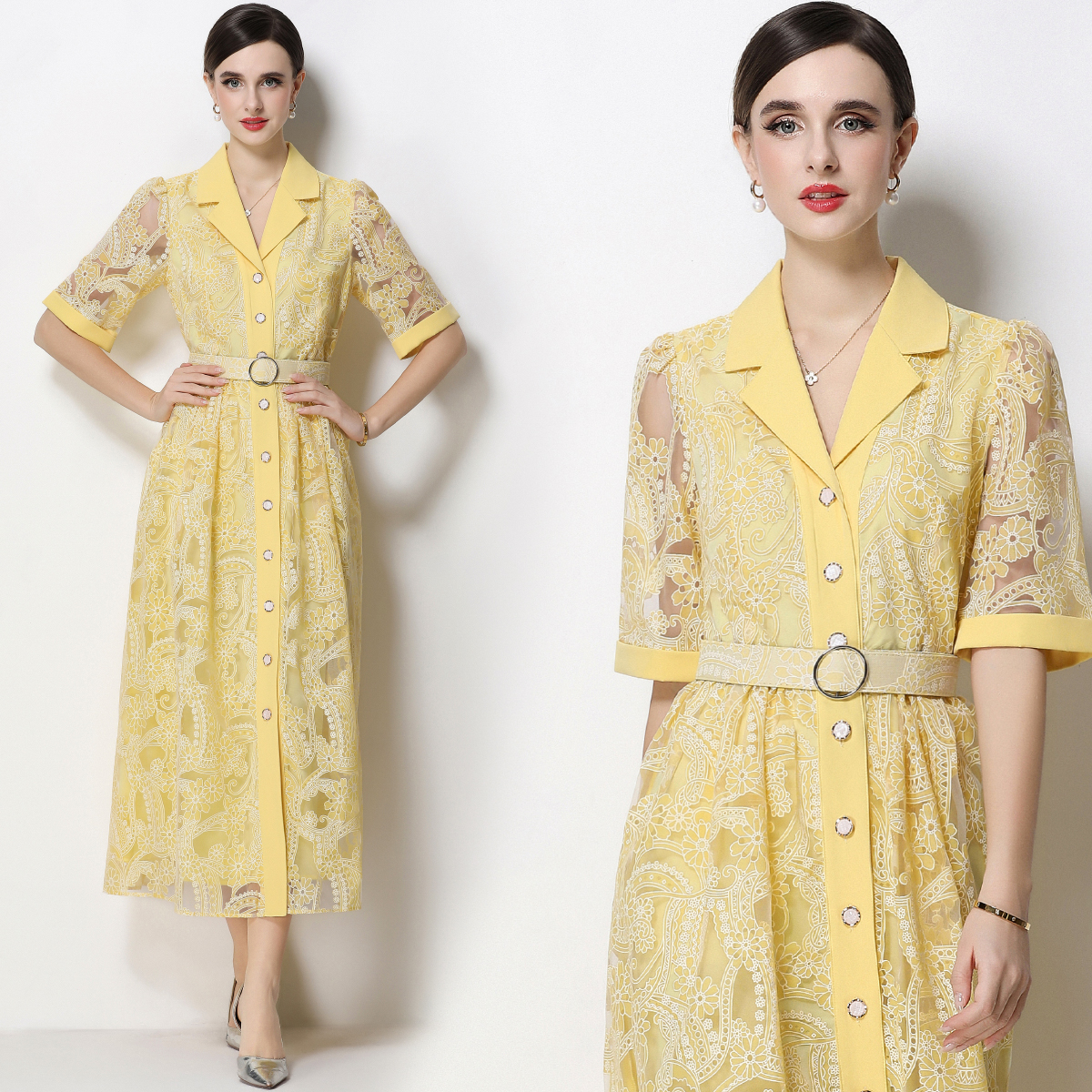 RY1758# 实拍法式轻奢重工蕾丝连衣裙女西装领收腰镂空显瘦中长裙送腰带