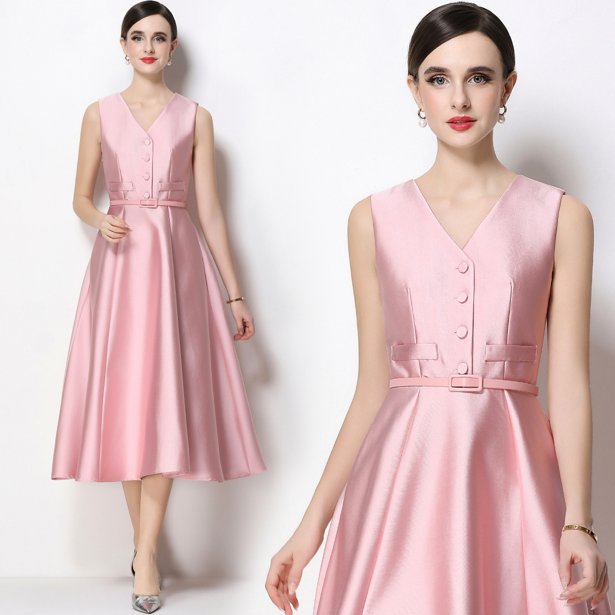 RY1755# 实拍优雅气质高级感V领无袖连衣裙女收腰显瘦单排扣中长款送腰...