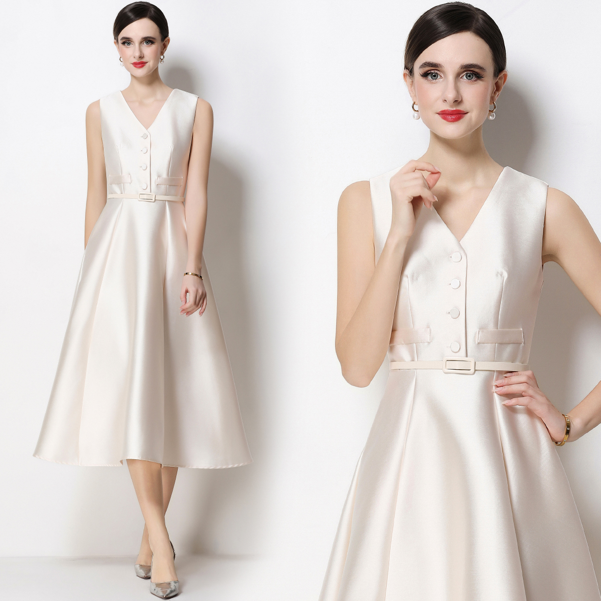 RY1756# 实拍优雅气质高级感V领无袖连衣裙女收腰显瘦单排扣中长款送腰...