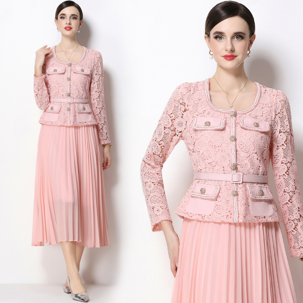 RY1749# 实拍法式小香风新款轻奢修身显瘦方领蕾丝拼接中长百褶裙