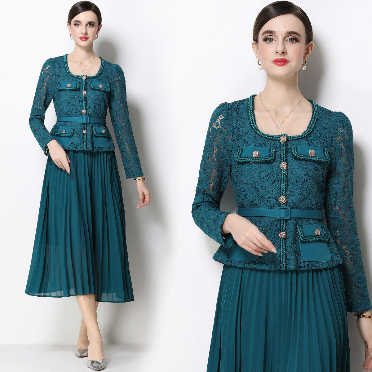 RY1750# 实拍法式小香风新款轻奢修身显瘦方领蕾丝拼接中长百褶裙