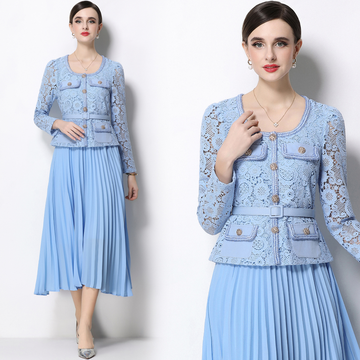 RY1748# 实拍法式小香风新款轻奢修身显瘦方领蕾丝拼接中长百褶裙