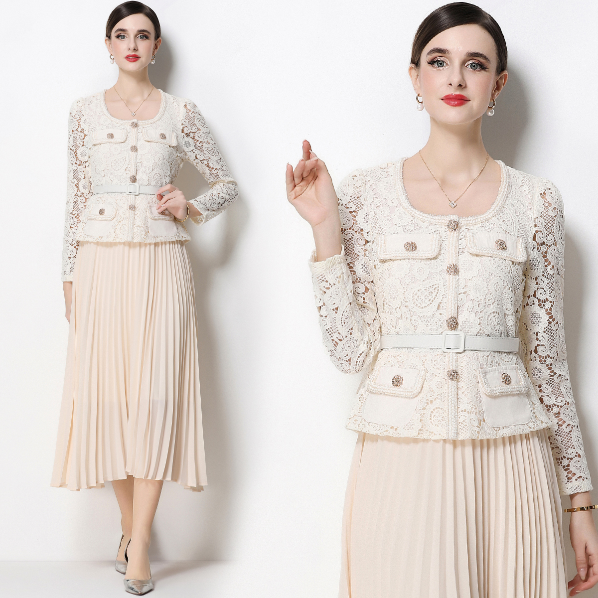 RY1752# 实拍法式小香风新款轻奢修身显瘦方领蕾丝拼接中长百褶裙