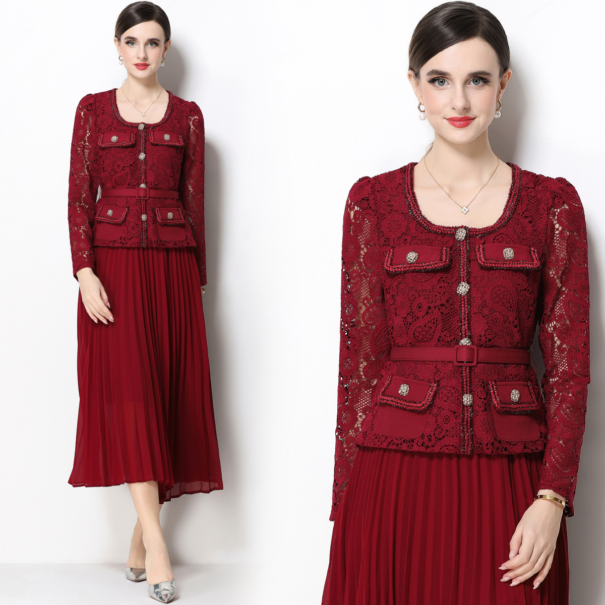 RY1747# 实拍法式小香风新款轻奢修身显瘦方领蕾丝拼接中长百褶裙