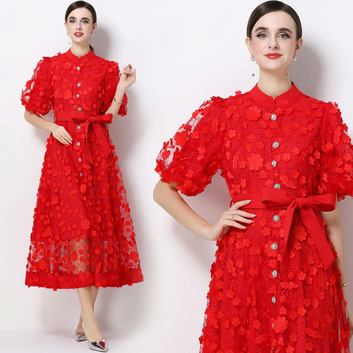 RY1745# 实拍法式浪漫风立体花朵刺绣立领连衣裙长袖收腰优雅显瘦A字裙