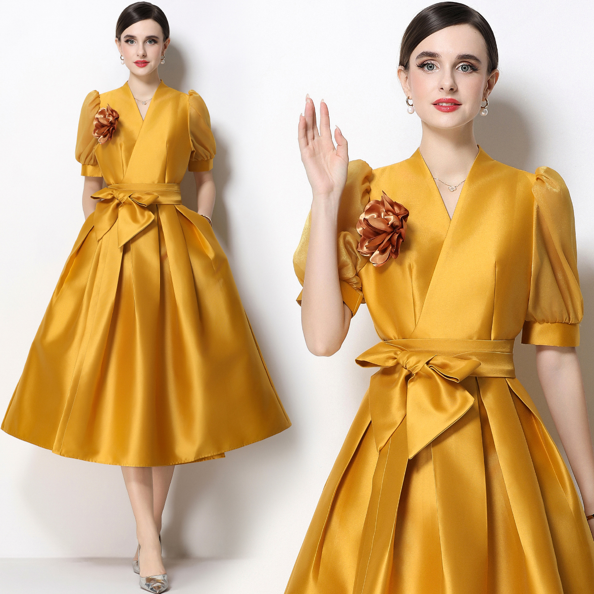 RY1742# 实拍优雅气质缎面V领连衣裙泡泡袖绑带收腰显瘦A字礼服裙配花...