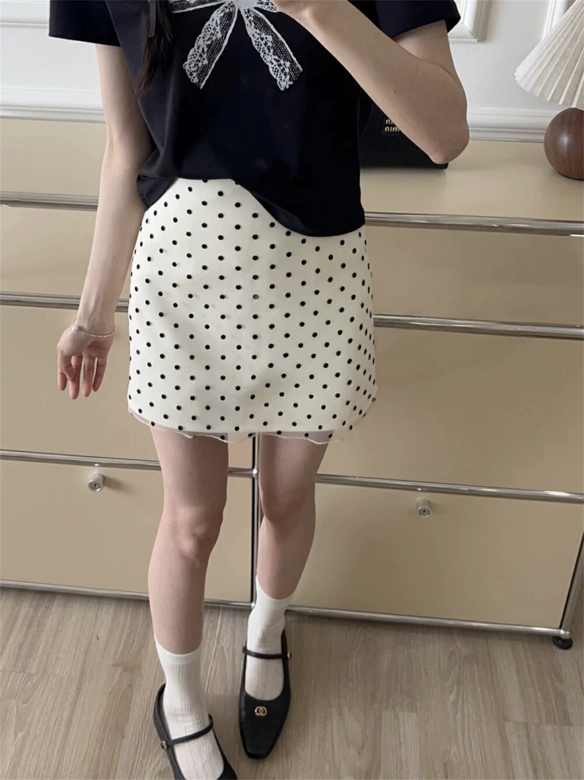 網圖韓系波點網紗A字半身裙夏季高腰顯瘦包臀防走光氣質短裙