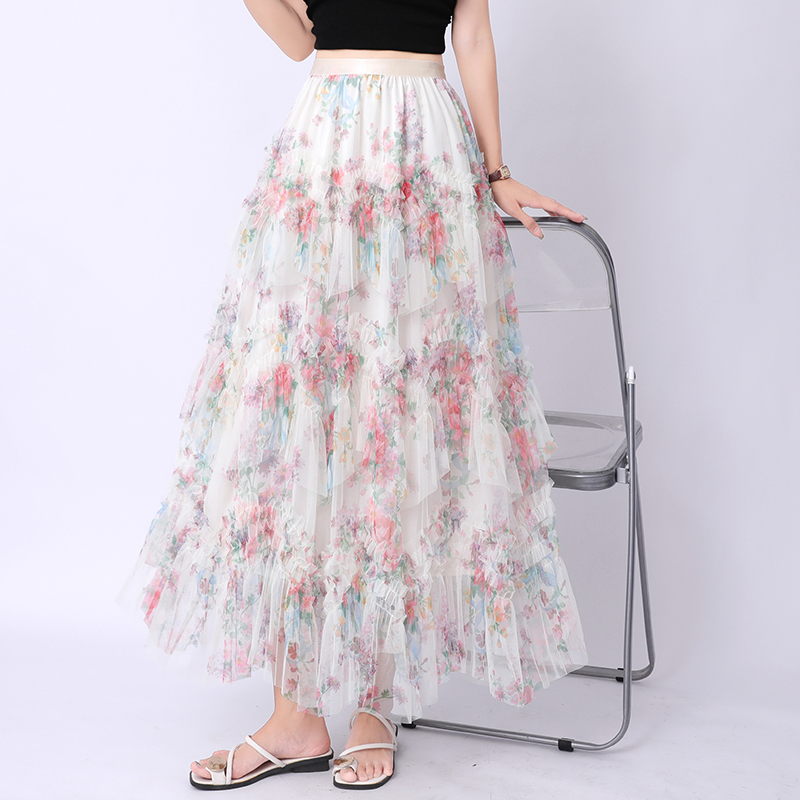 實拍碎花網紗蛋糕半身裙女2025春秋高腰顯瘦中長款蓬蓬仙女長裙