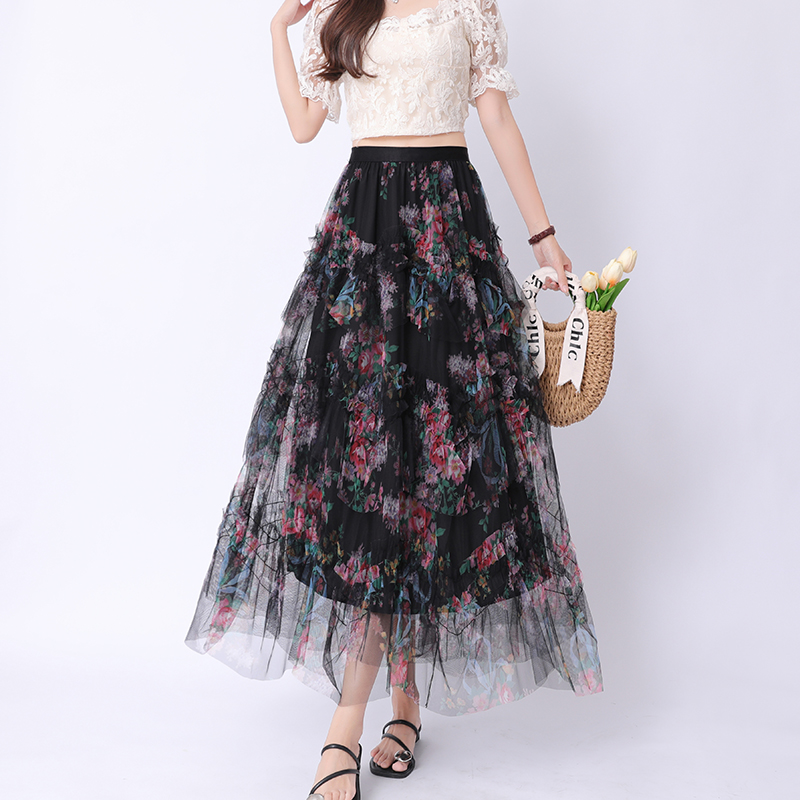 實拍不規則碎花網紗蛋糕半身裙女2025春秋高腰顯瘦蓬蓬仙女長裙