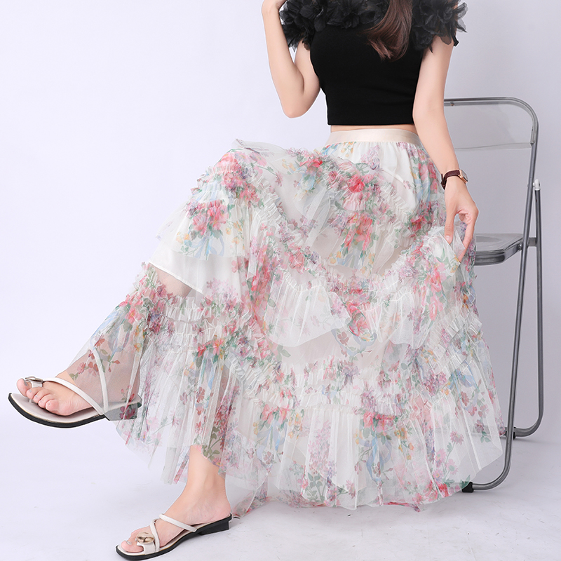 實拍不規則碎花網紗蛋糕半身裙女2025春秋高腰顯瘦蓬蓬仙女長裙