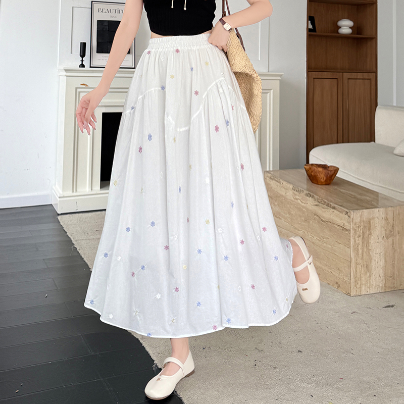實拍白色刺繡彩色碎花半身裙女夏季高腰顯瘦A字裙大擺傘裙