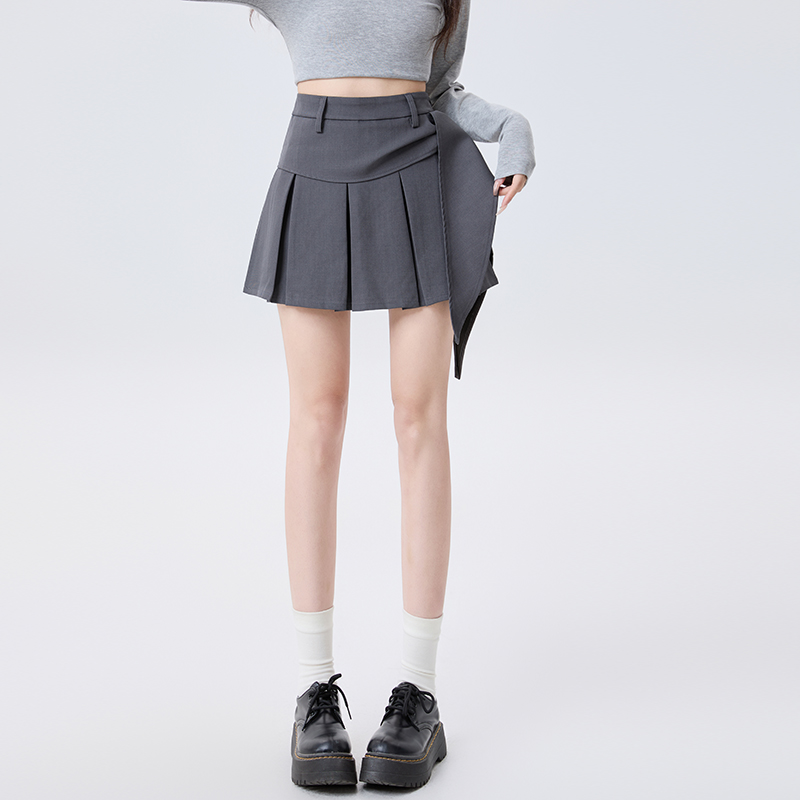 實拍不規則百褶半身裙女2025秋季新款高腰顯瘦設計感系帶A字短裙