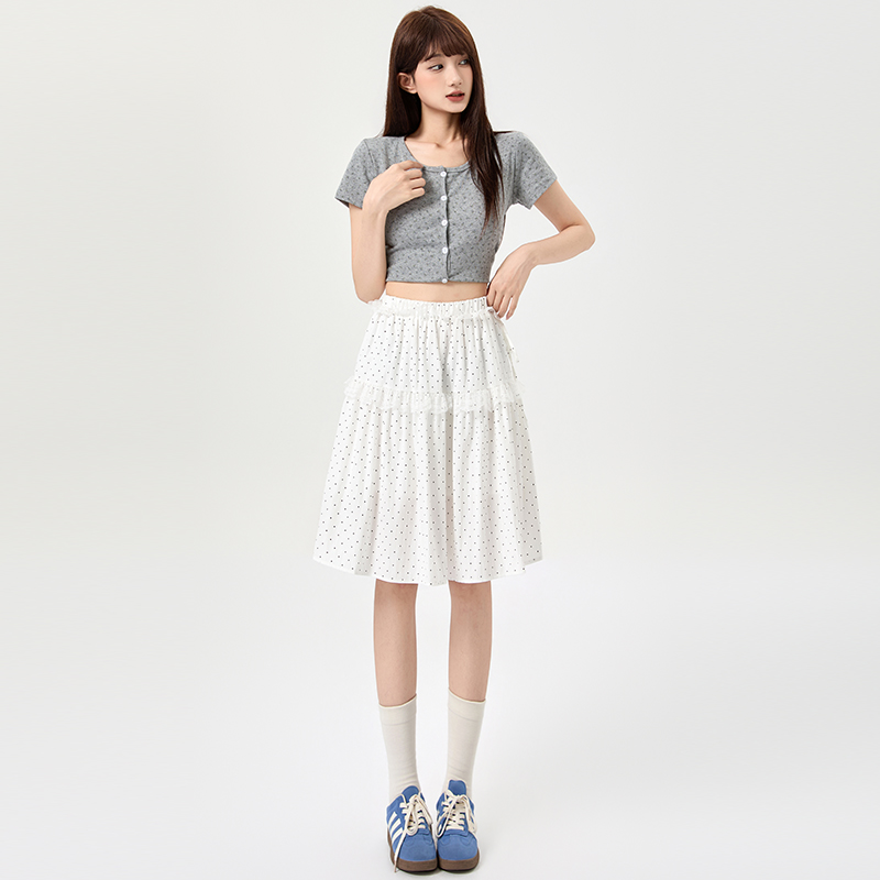 實拍韓版蕾絲波點蛋糕半身裙女夏季高腰顯瘦甜美蝴蝶結A字中裙子