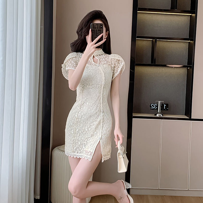 MY7588# 新中式改良旗袍夏季新款名媛气质年轻款少女修身显瘦蕾丝连衣裙...