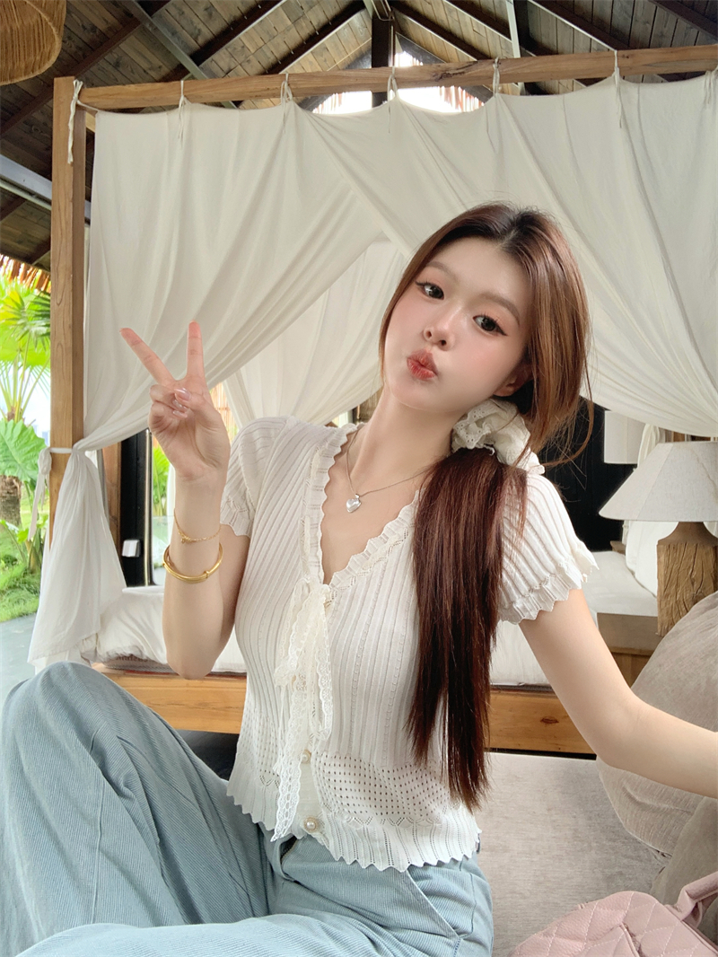 MY11726# 温柔甜美蕾丝绑带短袖针织开衫女小个子修身显瘦上衣女裝貨源...