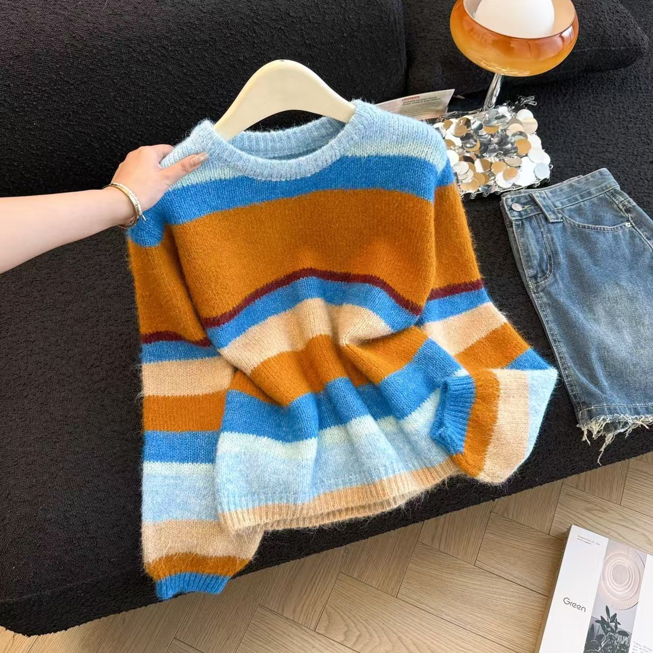 MY15729# 韩系多巴胺条纹圆领毛衣女秋冬新款小个子内搭针织衫上衣ch...