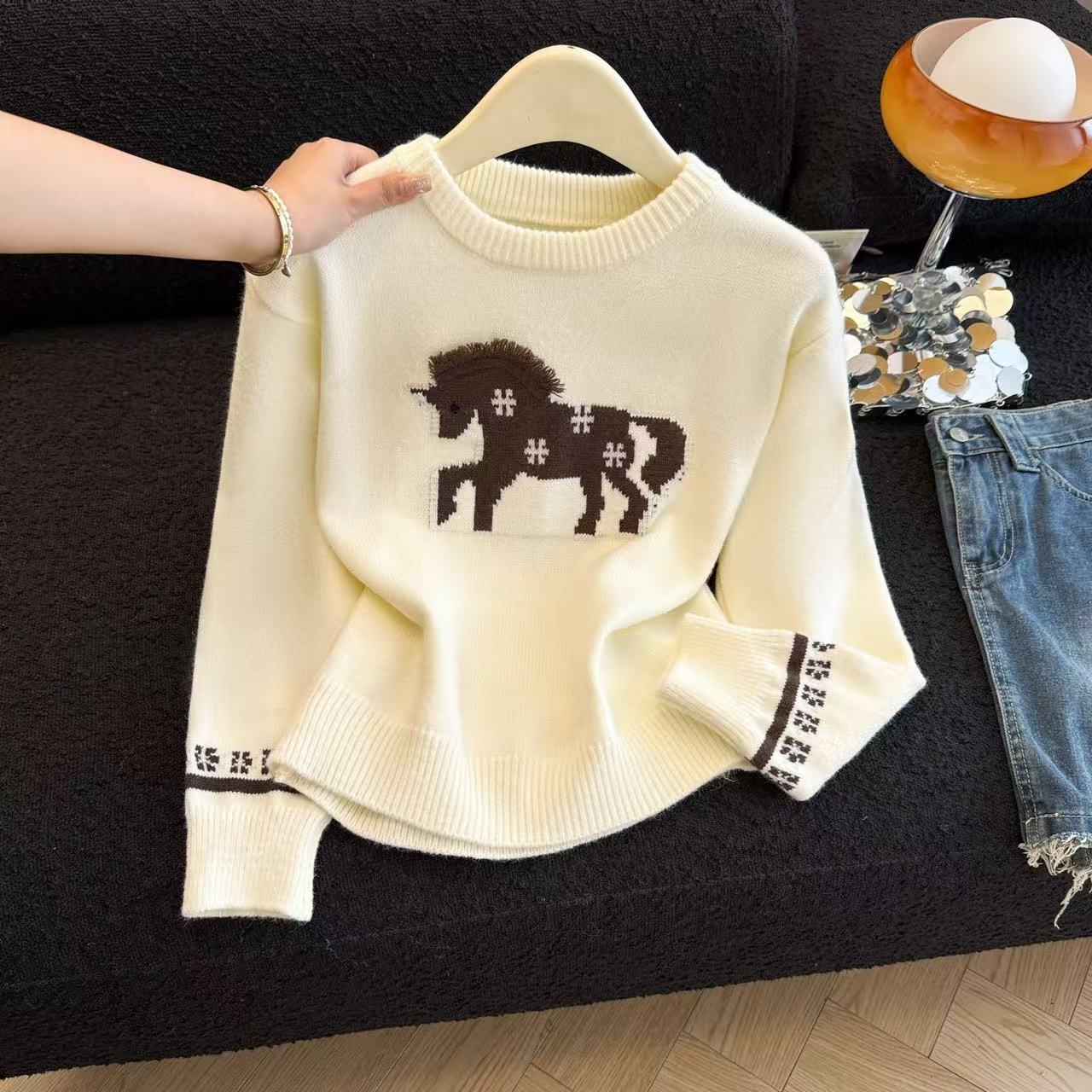 MY15730# 费尔岛冬日白色小鹿套头毛衣女秋冬季加厚提花针织上衣chi...