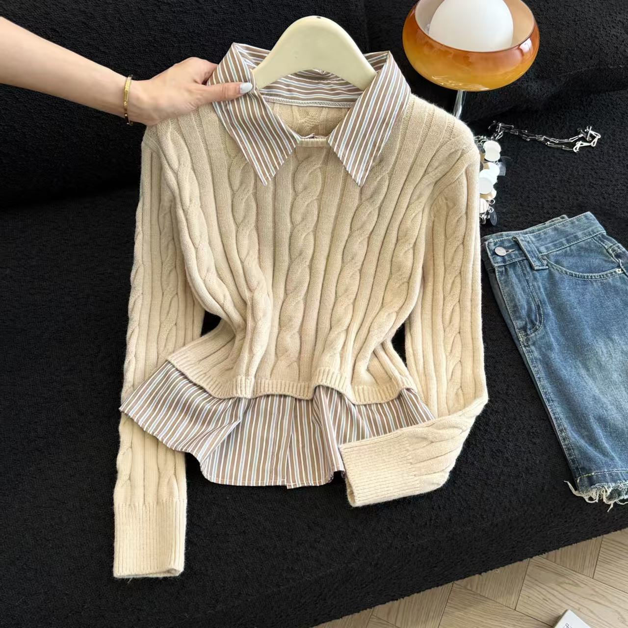 MY15733# 叠穿假两件条纹翻领套头长袖针织衫麻花毛衣女士新款上衣女裝...