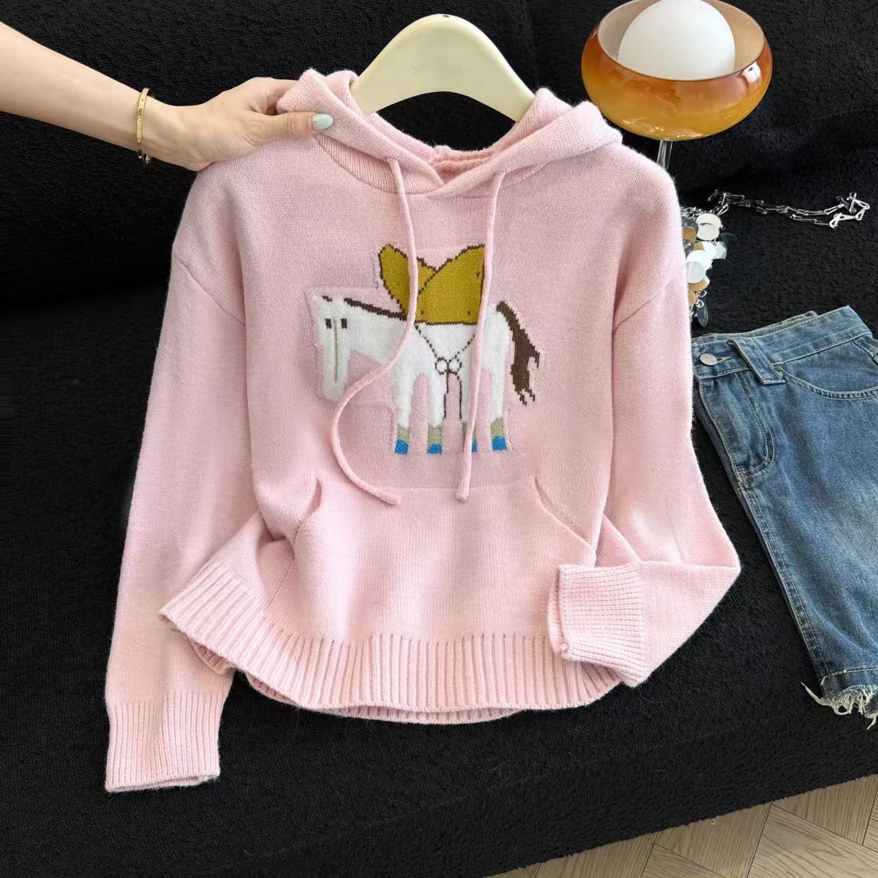 MY15731# 粉色减龄提花连帽毛衣女新款秋冬设计感小个子慵懒软糯针织衫...