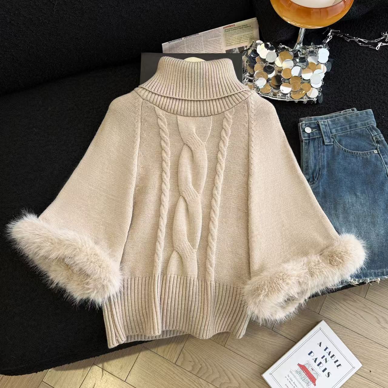 MY15732# 卡其色袖口毛毛高领套头毛衣宽松麻花针织衫慵懒上衣女裝貨源...