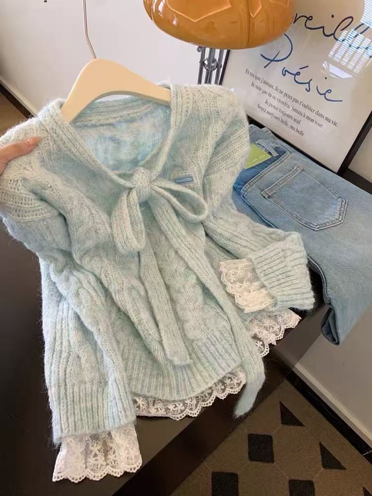 MY15735# 小香风蕾丝下摆假两件套头长袖麻花毛衣女士设计感小众针织衫...