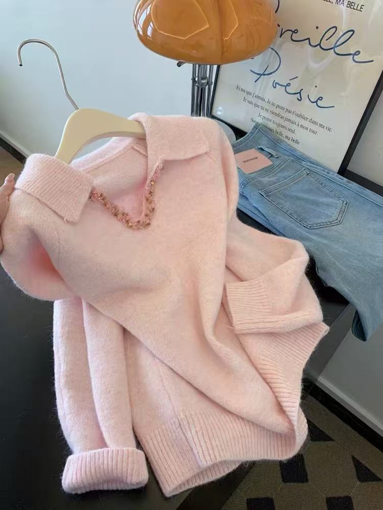 MY15728# 粉色加厚针织衫毛衣高级感可外穿内搭小个子宽松慵懒风上衣女...